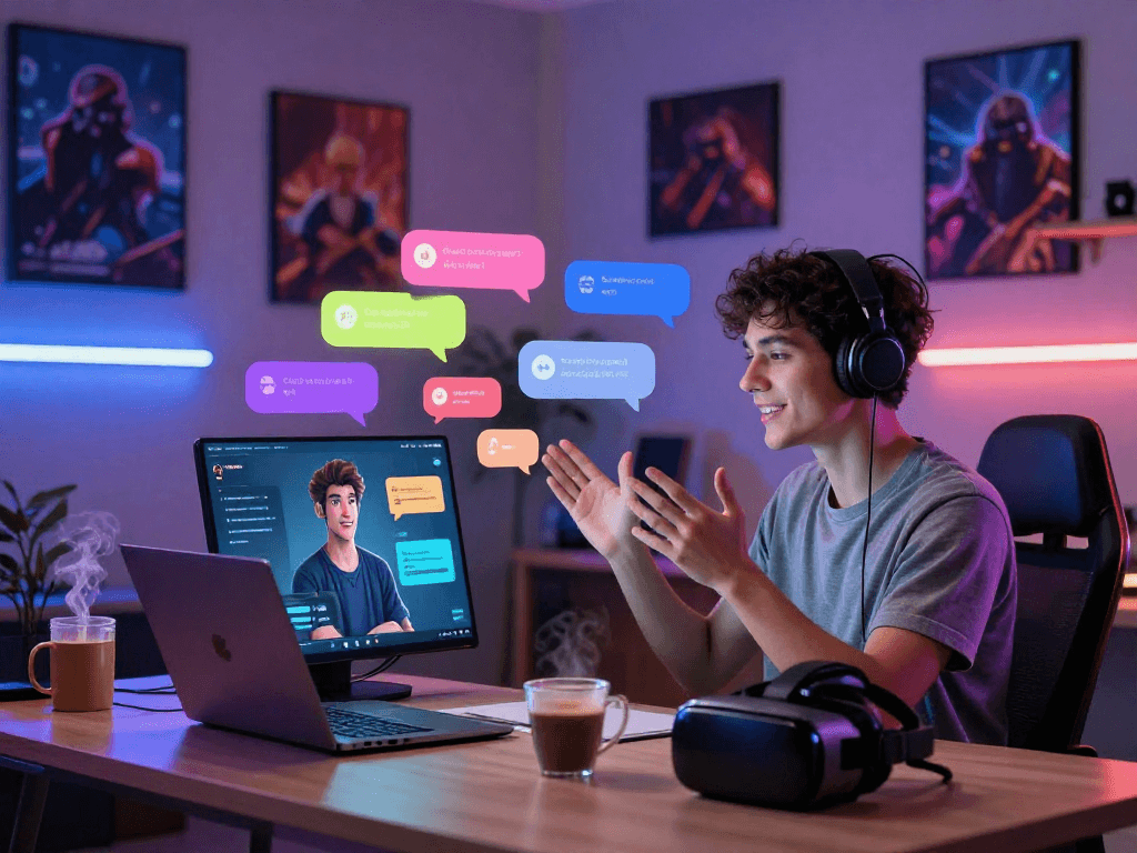 Engaging scene of a person using porn ai chat in a modern gaming setup.