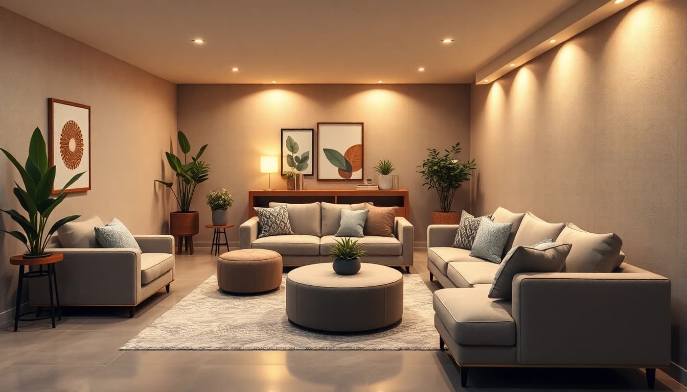 Showcasing a beautifully designed basement renovation with a cozy lounge area.