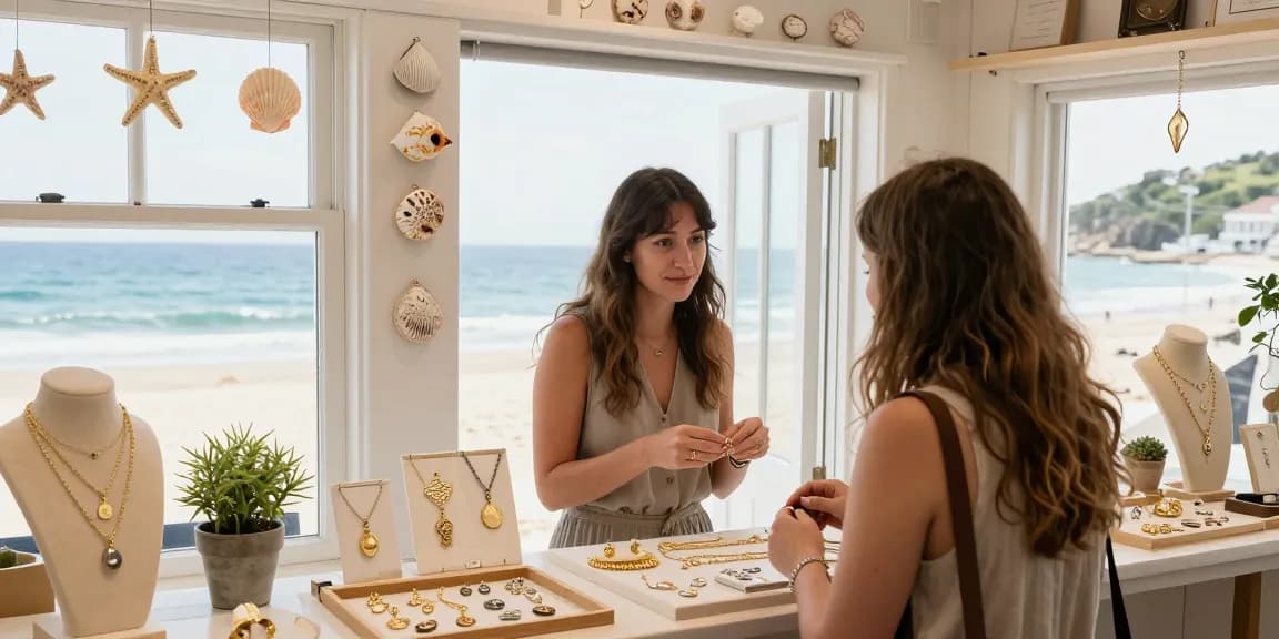 Personalised jewellery uk displayed in a beachside boutique showcasing handcrafted artisan pieces.