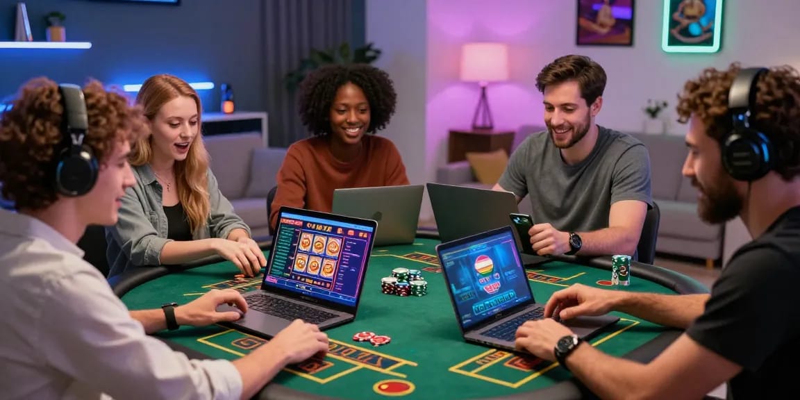 Engaged players exploring credit card casinos at ieee.org.uk in a lively home gaming setup