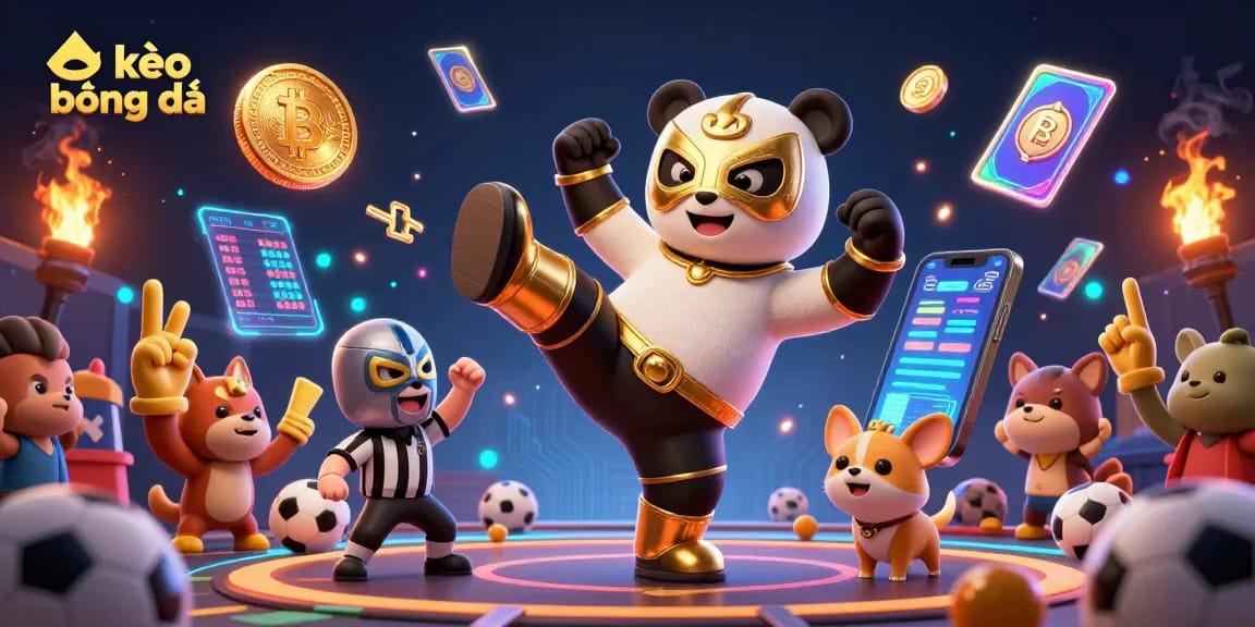Engage in kèo bóng đá betting strategies with a vibrant 3D illustration of a panda wrestler and crypto elements.