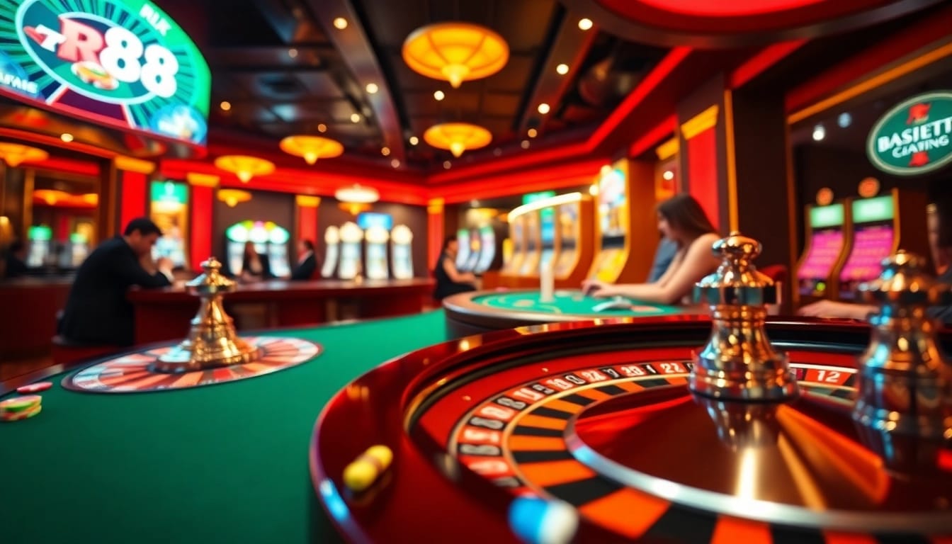 rr88 casino scene with roulette and poker players enjoying a vibrant, exciting atmosphere