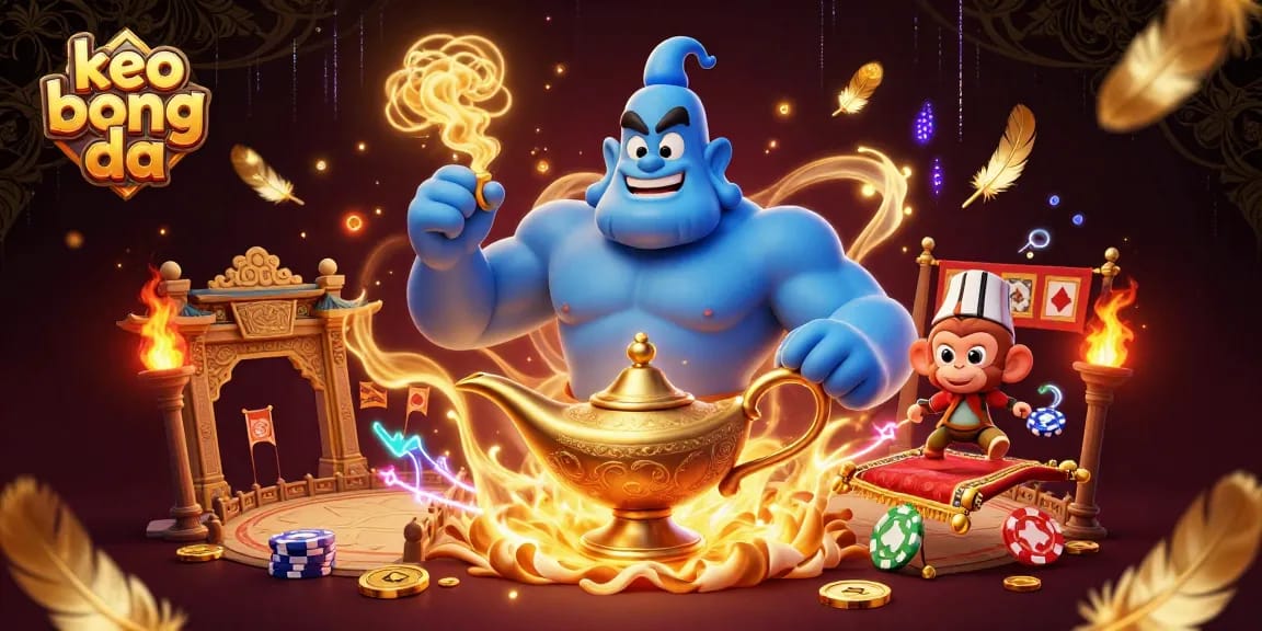 Experience the excitement of keo bong da with a magical genie and vibrant gaming elements in this 3D illustration.