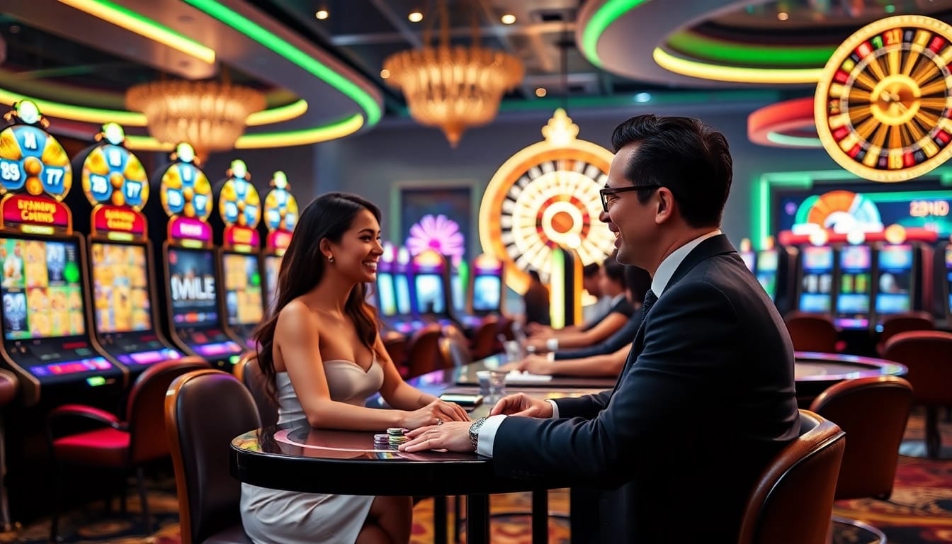 Experience thrilling Slot Online gaming with vibrant machines and players in a luxurious casino setting.