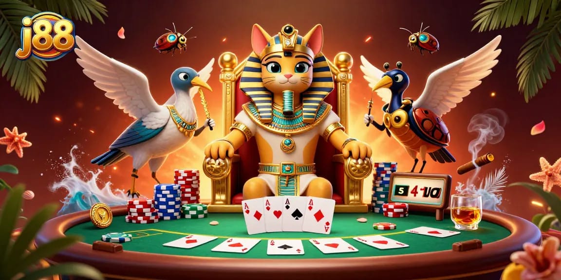 Win big with j88 in this vibrant casino scene featuring poker action and dynamic characters.