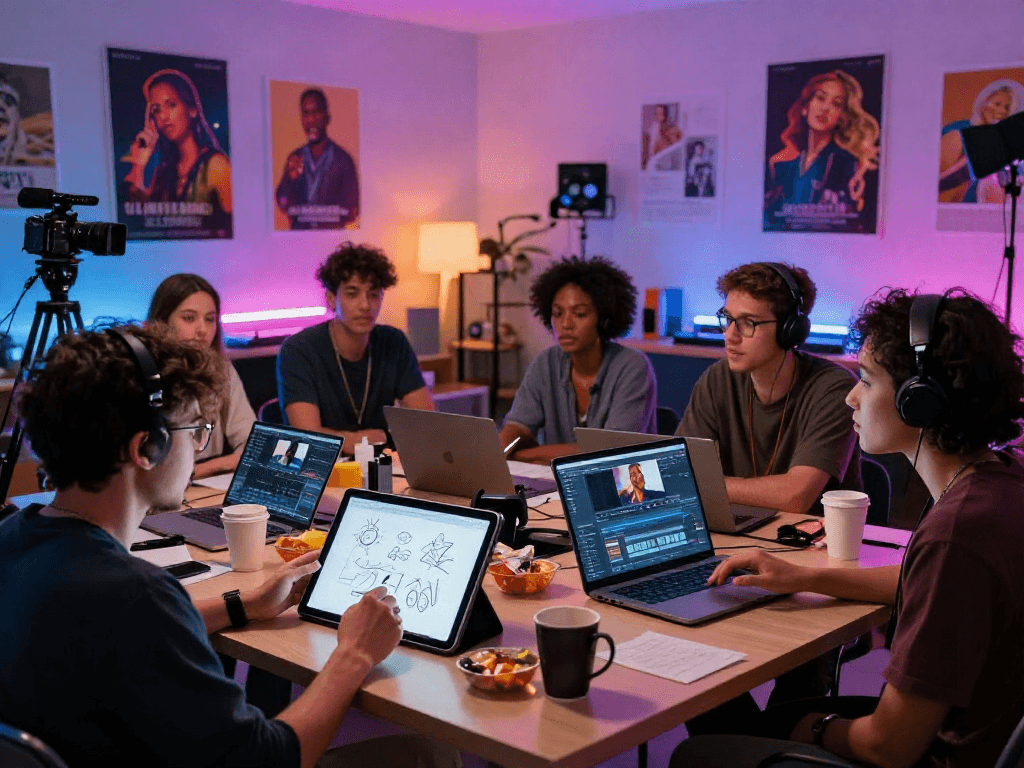Creative brainstorming scene showcasing innovative nsfw content development with diverse team members and digital tools.