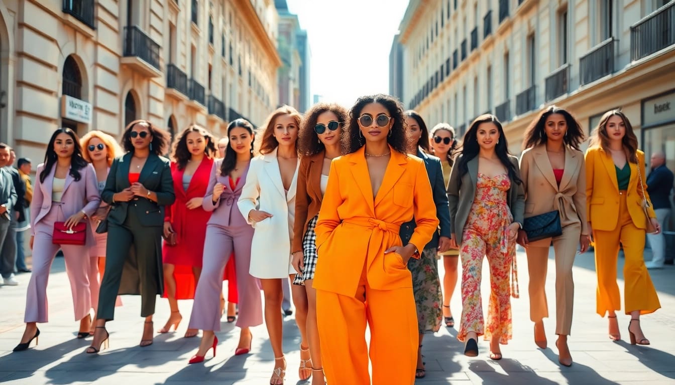 Stylishly dressed women showcasing trendy Women Fashion in a vibrant urban setting.