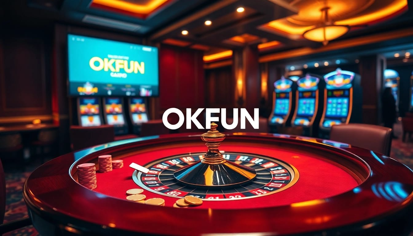 Experience excitement at OKFUN casino with vibrant gaming tables and slots in a luxurious setting.