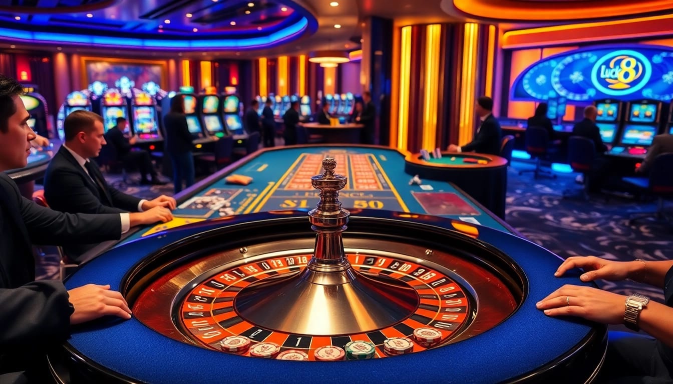 Players enjoying high-stakes games at a luxuriously designed luck8 casino table.