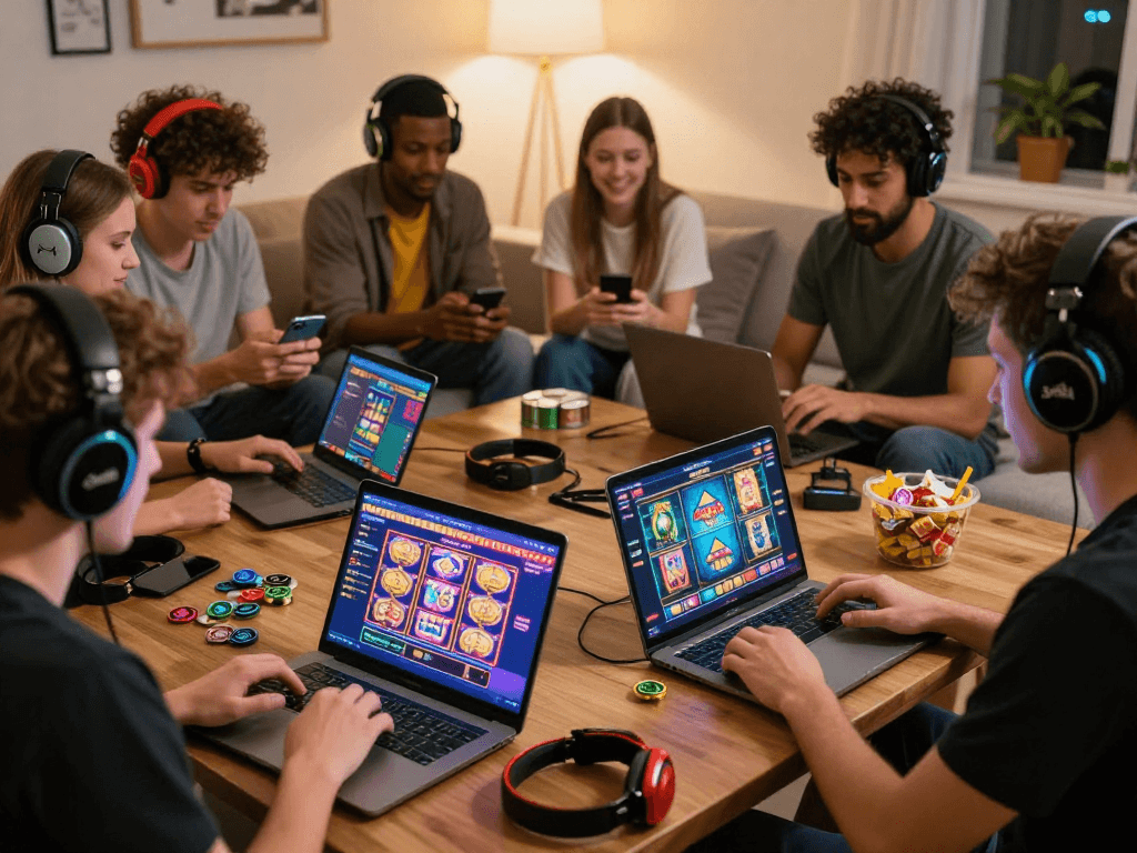 UK players enjoying USA online casinos with laptops, mobile devices, and snacks in a cozy gaming environment.