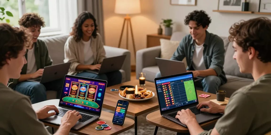 Engaged players exploring non UK casino options at https://rcnhca.org.uk, enjoying exciting games and sports betting in a vibrant home setting.