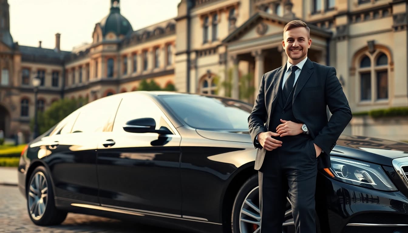 Chauffeur Hire Nottingham service featuring a professional chauffeur by a luxury car.