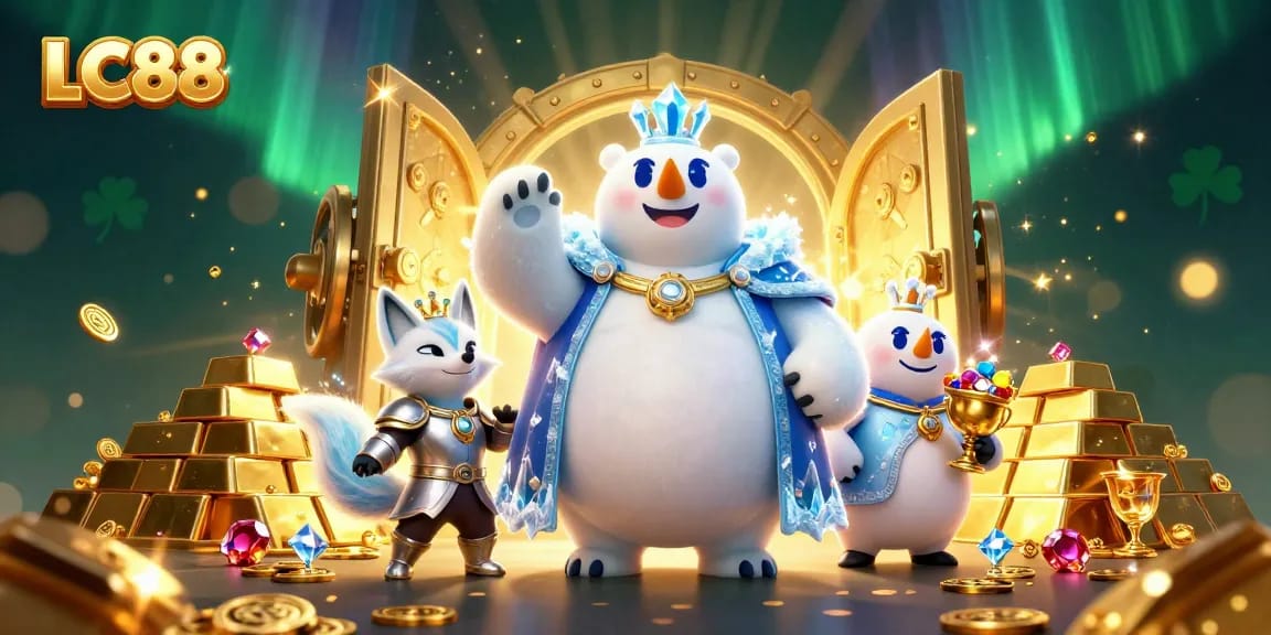 LC88 showcases an enchanting scene of a polar bear and snow fox among jewels and gold, symbolizing online casino excitement.