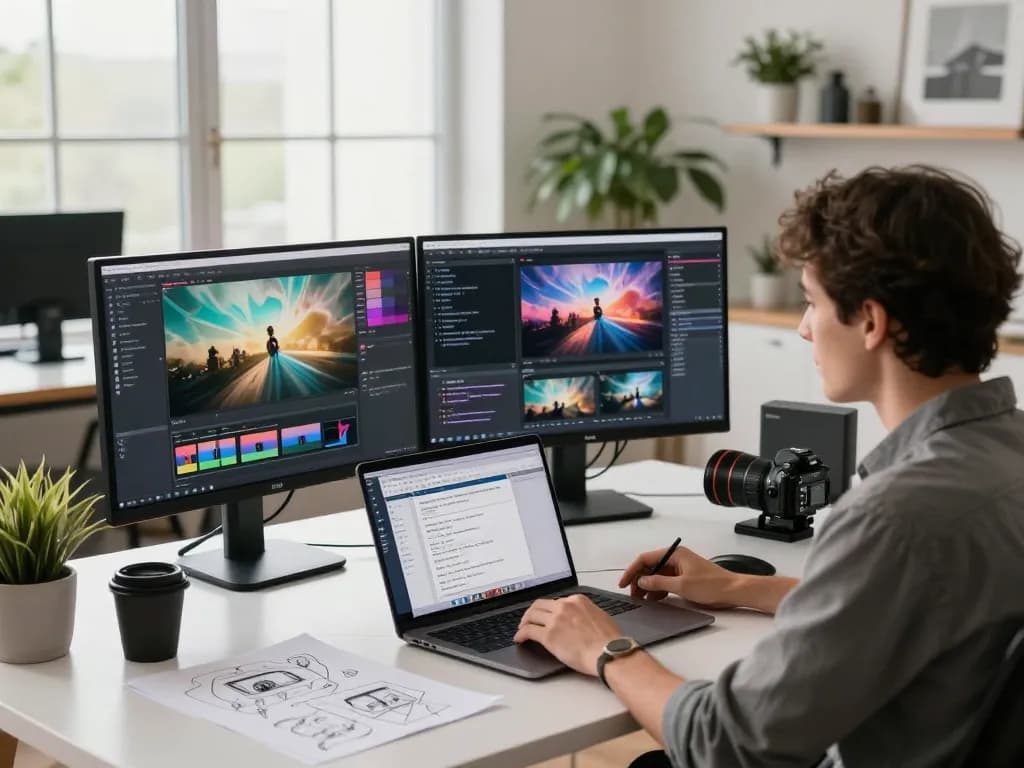 Professional using a video to prompt generator in a modern tech workspace, highlighting AI-driven creativity.