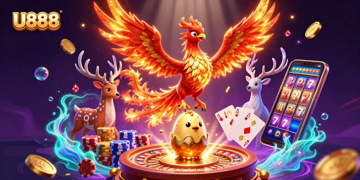 Experience U888's vibrant casino fantasy with a fire phoenix and sparkling treasures.