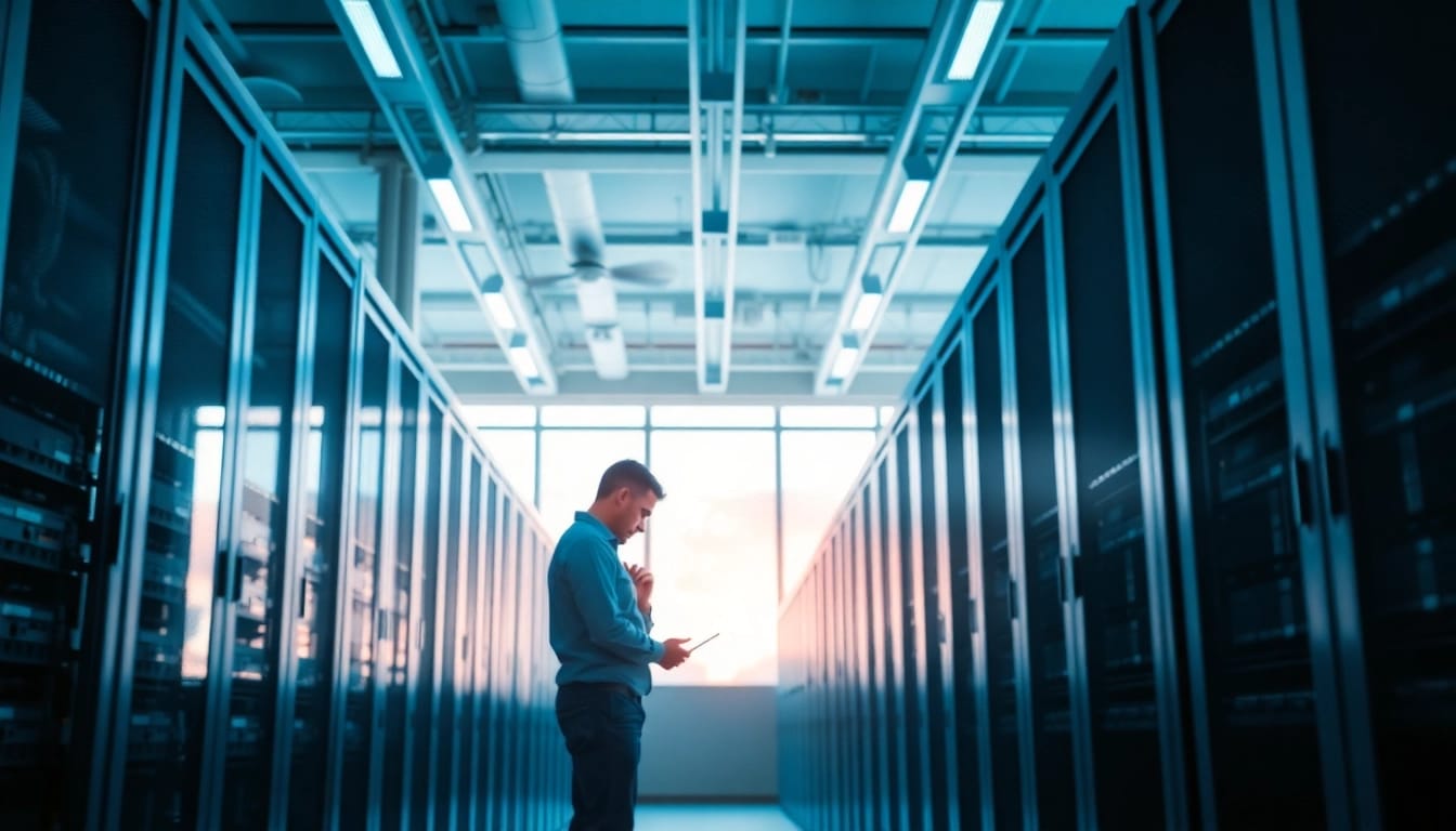Explore cheap colocation services in a modern data center with a focused technician.