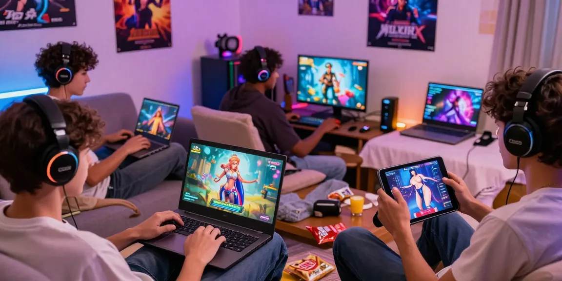 Exciting gaming setup displaying players engaged in hentai games, showcasing animated fantasy graphics and cozy atmosphere.