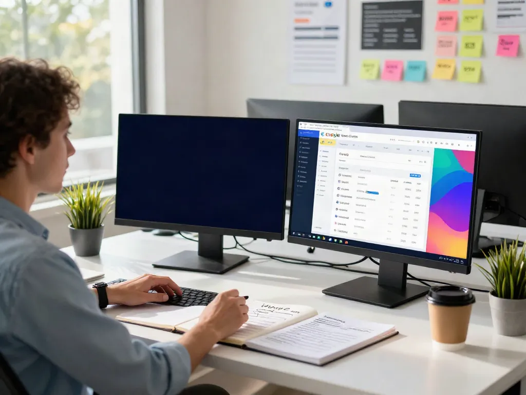 SEO specialist analyzing instant indexing performance data in a modern office.