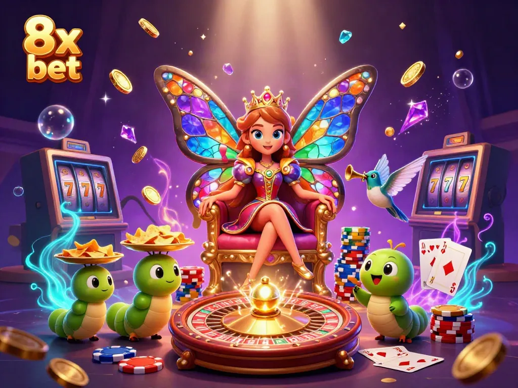 Experience the excitement of 8x bet with vibrant casino scenes featuring a butterfly queen and golden treasures.