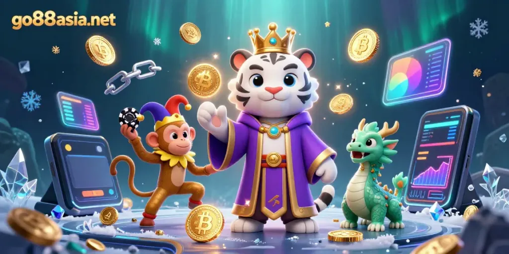 Engage with go88asia net's lively casino world featuring a playful tiger and monkey in a vibrant scene.