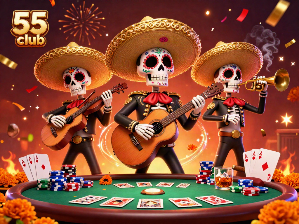 Join the excitement at 55 club with colorful mariachi skeletons celebrating at a vibrant poker table.