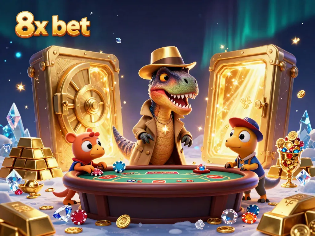 8x bet virtual card game scene featuring colorful characters, chips, and winnings