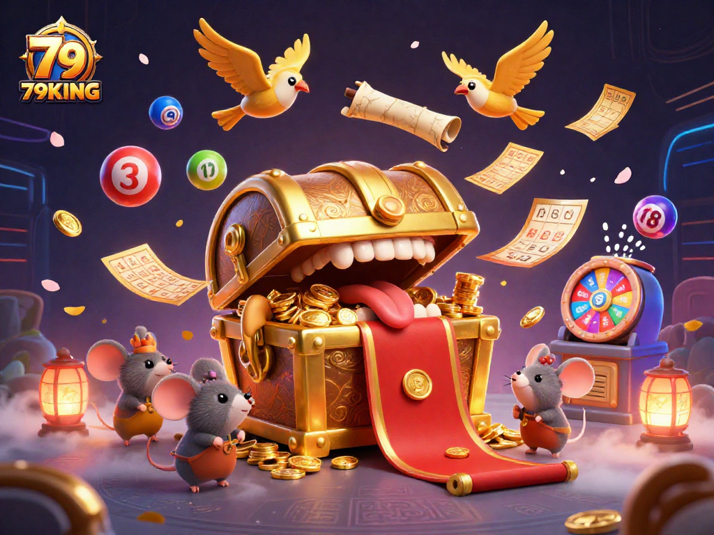 Engage with the mesmerizing world of 79KING through a vibrant lottery-themed digital illustration.