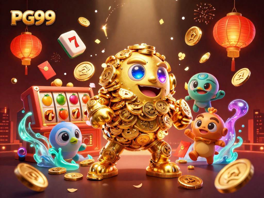 Experience thrilling gaming at PG99 with colorful slot reels and a golden golem!