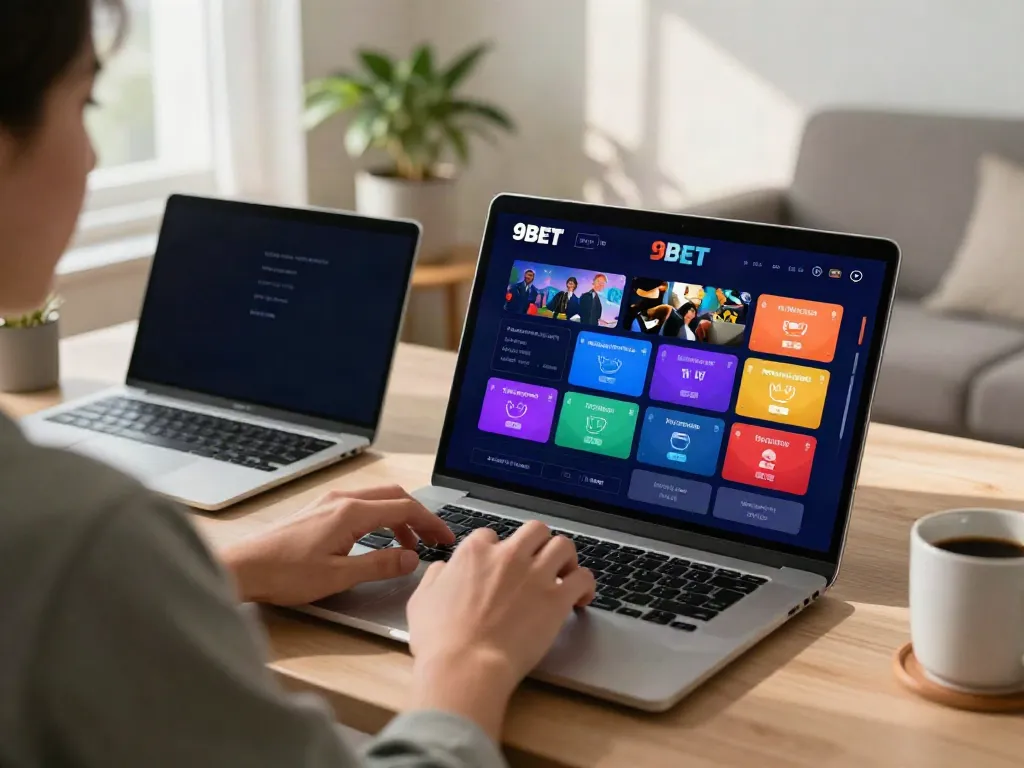 User interacting with the 9BET online betting platform in a cozy living room setting.