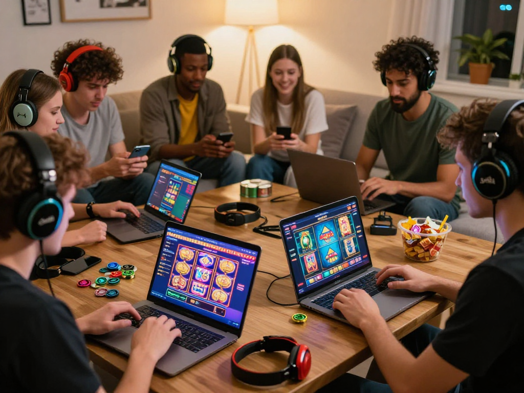 UK players enjoying USA online casinos with laptops, mobile devices, and snacks in a cozy gaming environment.