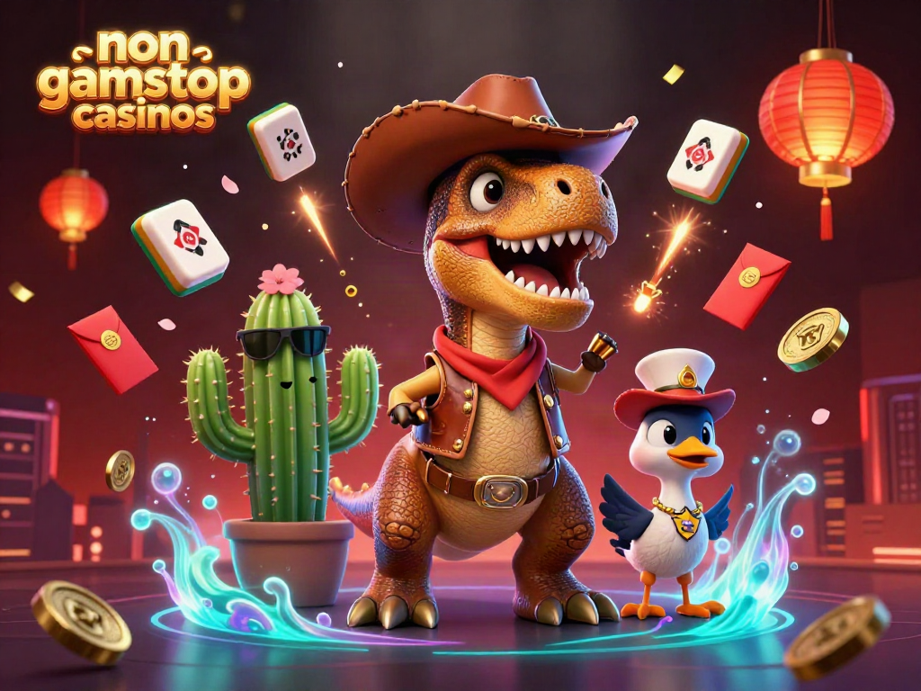 Engage with non gamstop casinos represented by a vibrant 3D scene with dynamic characters and elements.