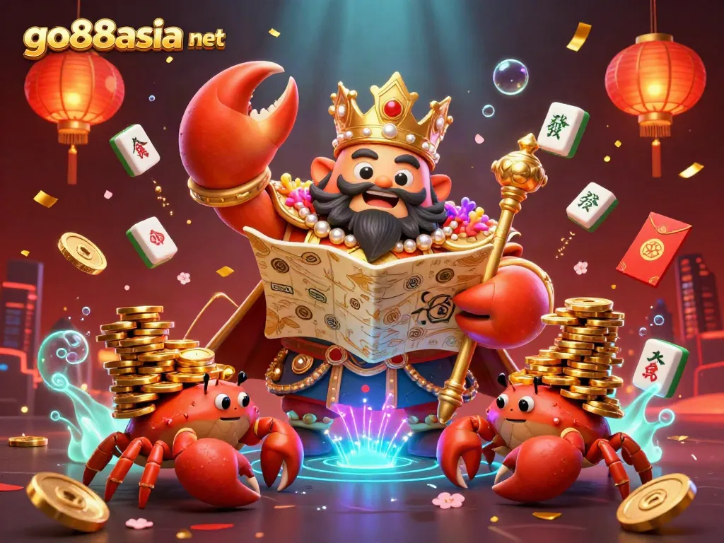 Experience vibrant gameplay at go88asia net with a golden crab emperor leading a treasure hunt in a festive scene.