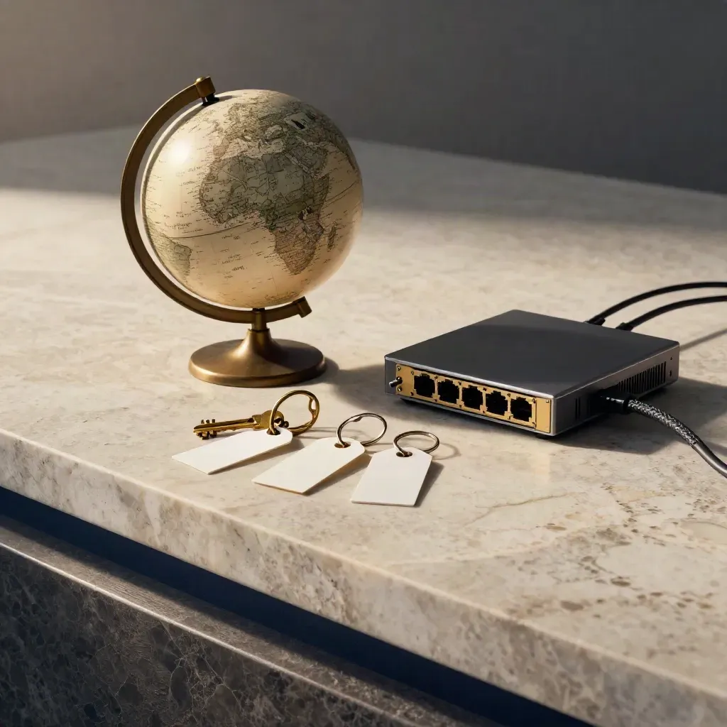 Matte globe, brass keys, blank tags and a network hub on stone, lit in a cinematic diagonal.