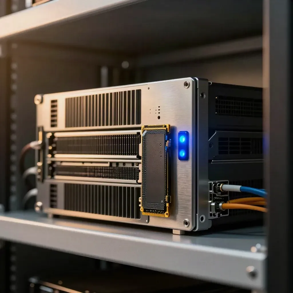 Close-up of a VPS server node on a rack shelf with blue status light and warm industrial glow.