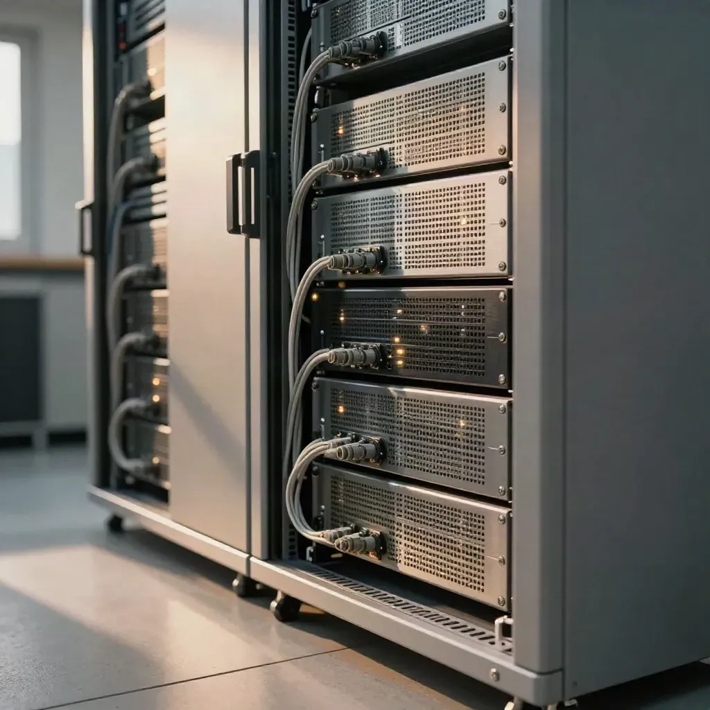 Server rack aisle with blade units, cables, and glowing status lights in a data room.