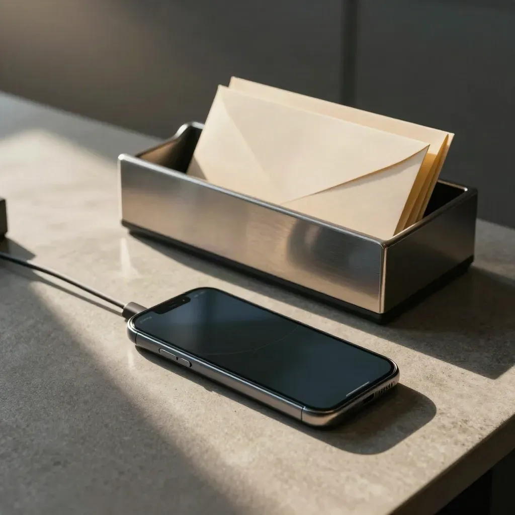 Closed phone, inbox tray, and envelopes in a moody business email still life.