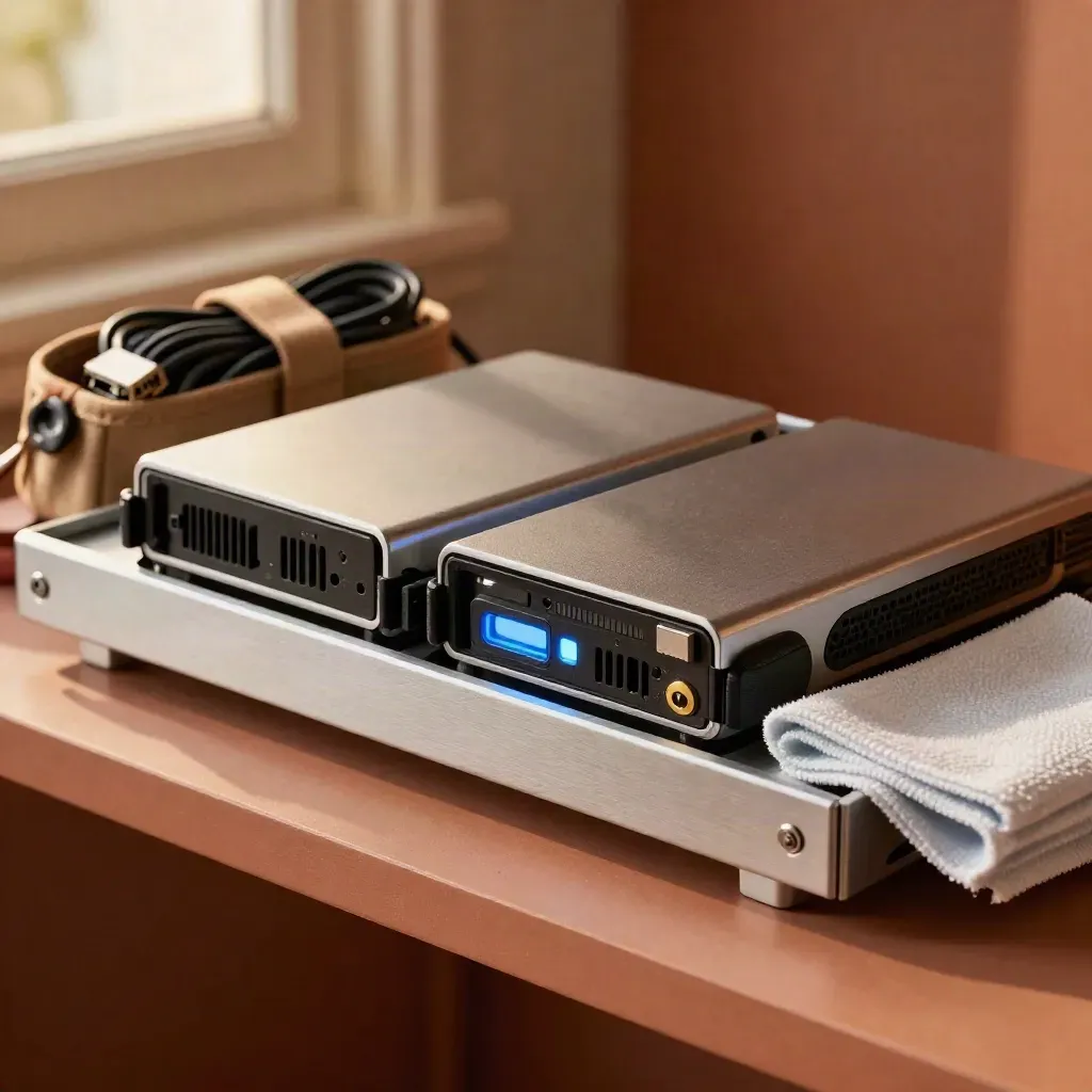 Mirrored backup drives glow in a restore dock beside a tool pouch and spare SATA cables.