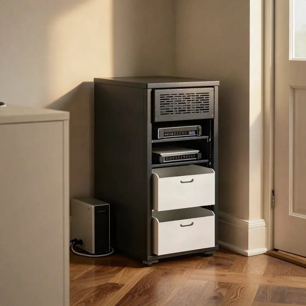 Server cabinet, router, backup drive and mail trays in a calm office alcove.