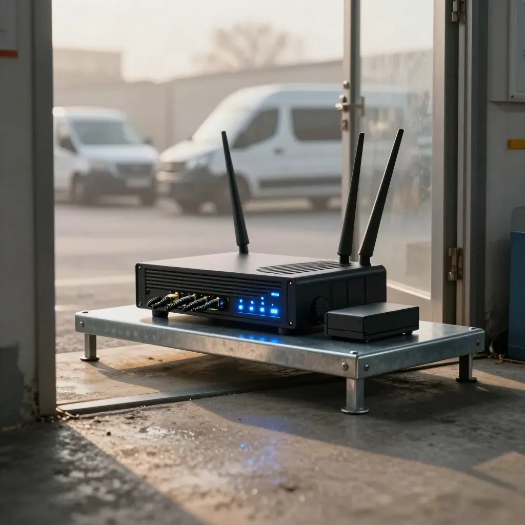 Blue-lit industrial router at a yard office threshold with vans and an open bay door.