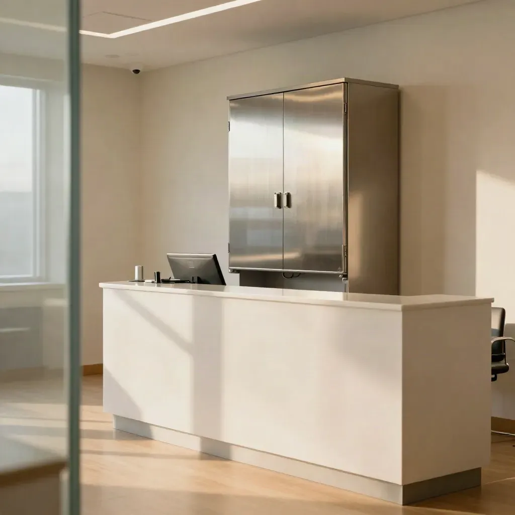 Clinic reception with secure network cabinet, white counter and access panel in warm daylight.