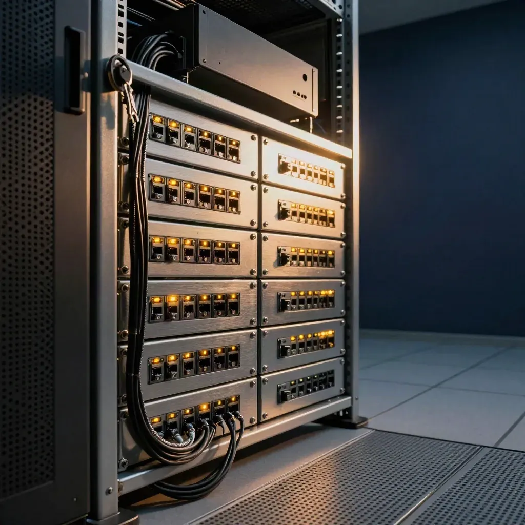Quiet server rack with mirrored network links and steady amber status lights