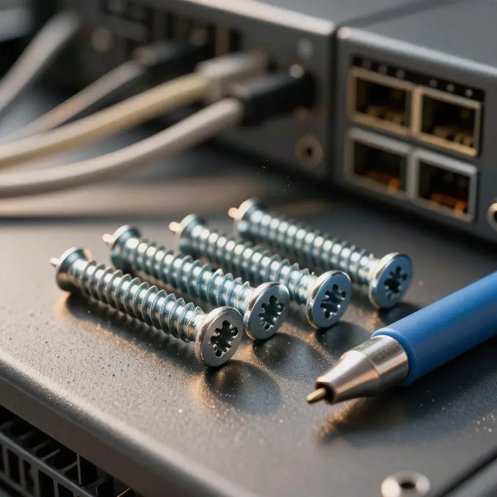 Macro still life of SFP transceivers, rack screws and a fibre cleaning pen on a dark server bench.