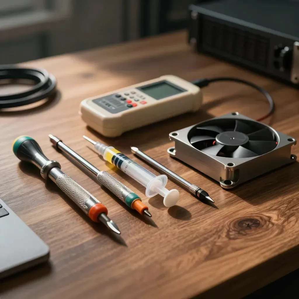 Precision screwdrivers, thermal paste syringe, network tester and server fan module on a walnut workbench.