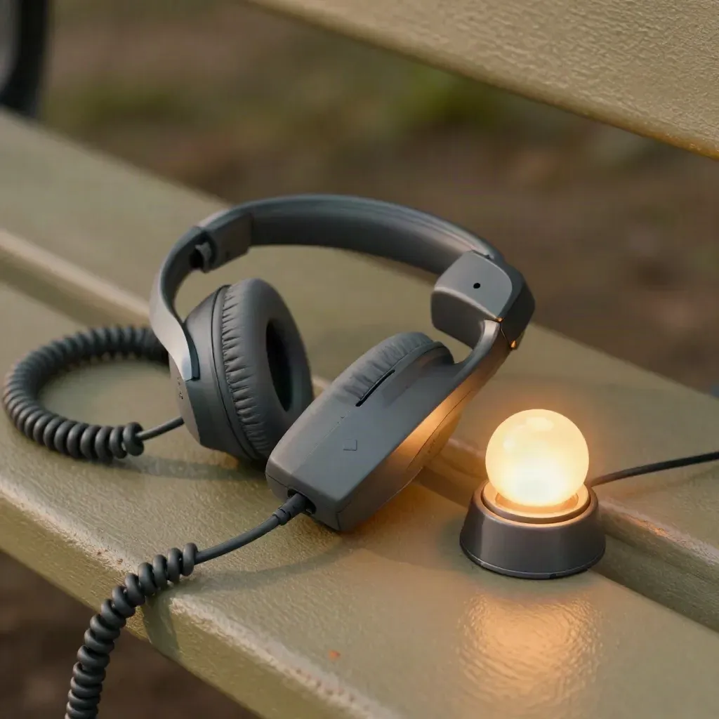 Headset, phone cradle, and glowing call light in a close-up support workspace still life.