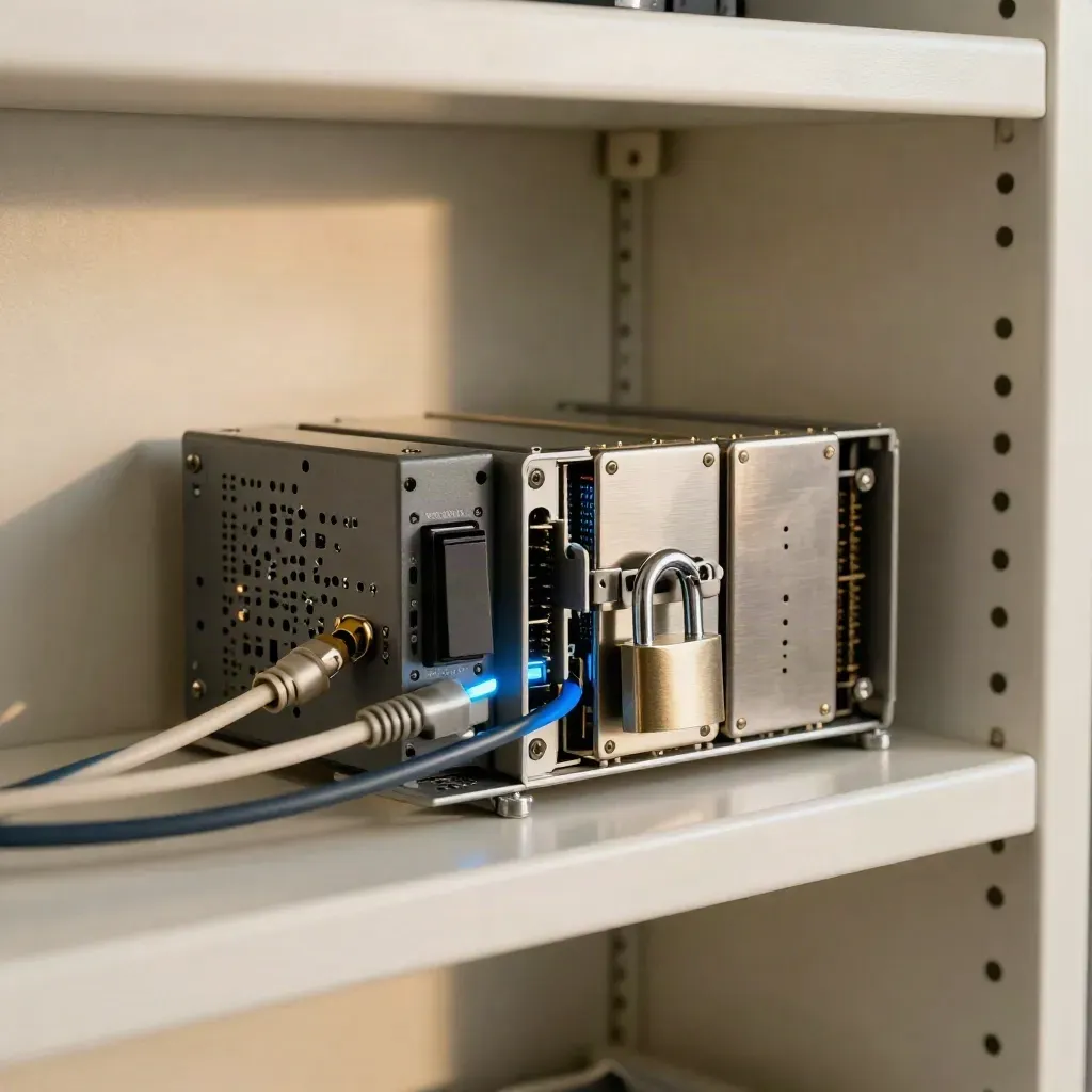 Open rack shelf with SSDs, patch leads, a padlock and switch module in cool cabinet light.