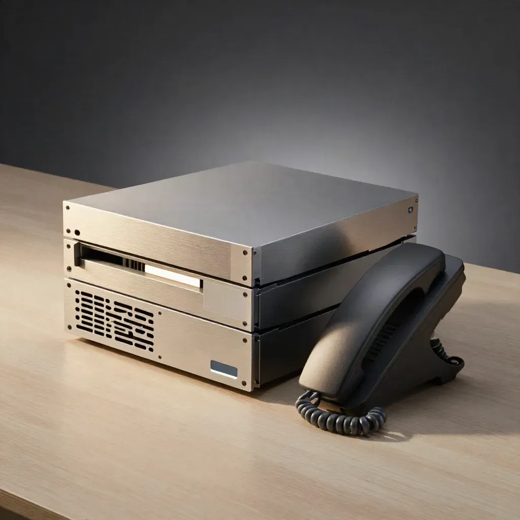 Server stack with backup dock and phone cradle glowing on pale wood