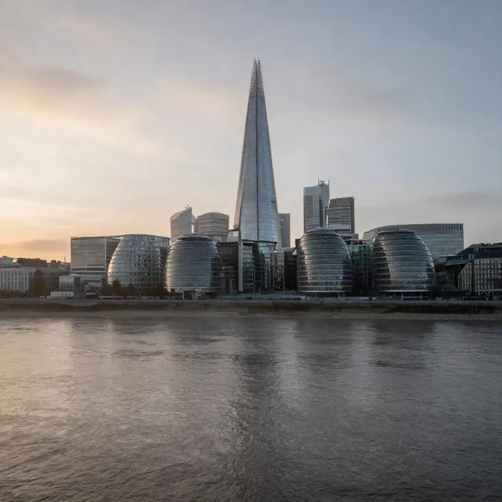 London skyline over the Thames at sunset with the Shard and Canary Wharf in mist
