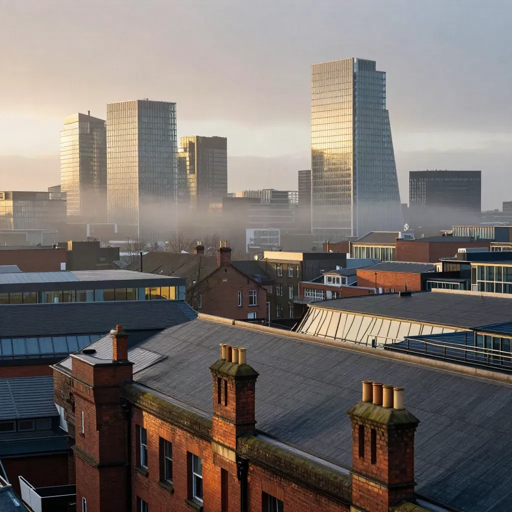 Golden-hour Manchester skyline with warehouses and glass towers above a misty city haze.