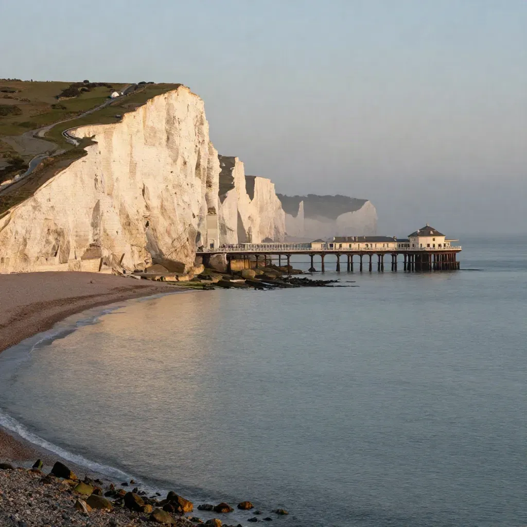 Brighton chalk cliffs and seafront terraces above a calm hazy coastal horizon at golden hour