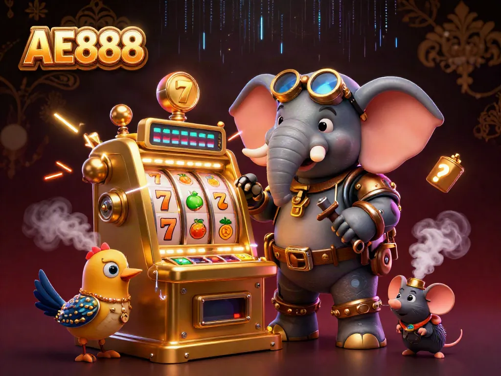 Experience the excitement of AE888 with a steampunk elephant and slot machine setup in a vibrant casino scene.